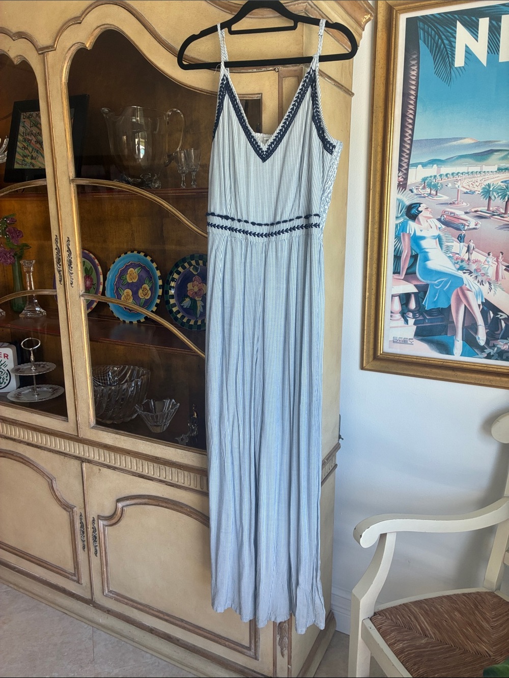 Japna Boho WideLeg Lined Romper Sleeveless Embroidered Trim Blue White SuperSoft